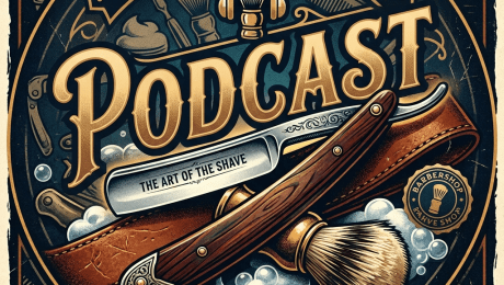 Straight razor and shaving brush with text Straight Razor Month podcast